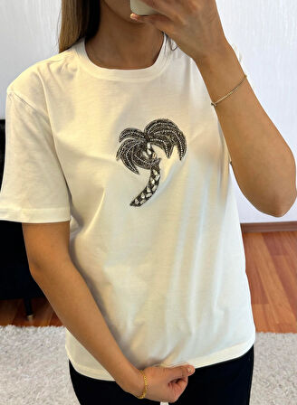 Marka Muadil Palmiye Taşlı T-Shirt Kırık Beyaz