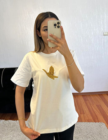 Marka Muadil Gold Taşlı Kuş T-Shirt Kırık Beyaz