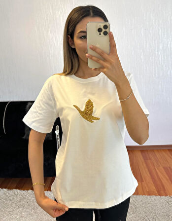 Marka Muadil Gold Taşlı Kuş T-Shirt Kırık Beyaz