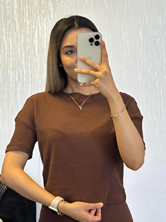Fitilli Esnek Kumaş Basic Takım Kahverengi