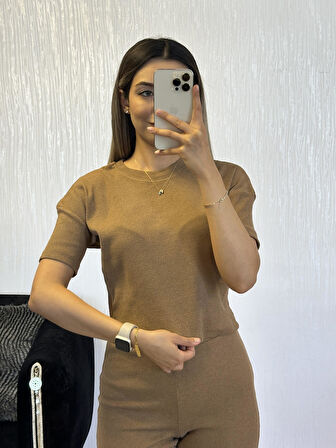 Fitilli Esnek Kumaş Basic Takım Camel