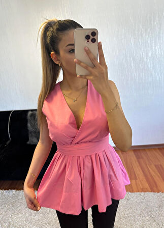 Eteği Valonlu Beli Kuşaklı Kruvaze Poplin Bluz Pembe