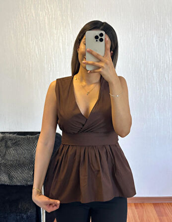 Eteği Valonlu Beli Kuşaklı Kruvaze Poplin Bluz kahverengi
