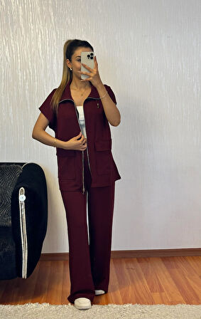 Bordo Bel Lastik Detaylı Yelekli Modal Takım