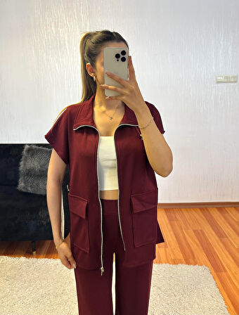 Bordo Bel Lastik Detaylı Yelekli Modal Takım
