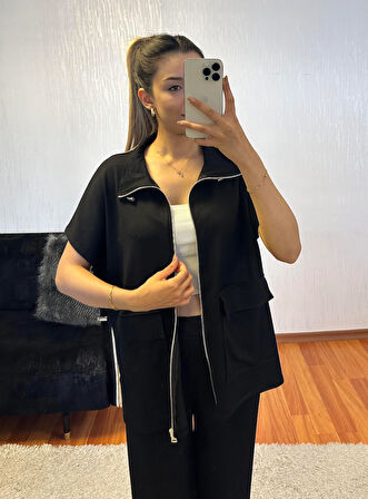 Siyah Bel Lastik Detaylı Yelekli Modal Takım