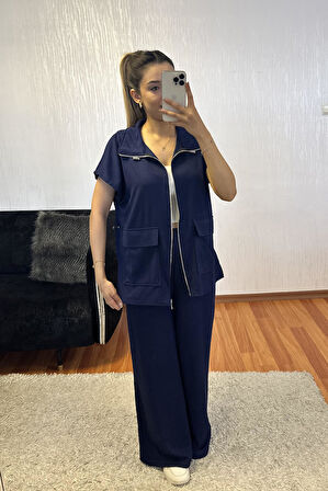 Mavi Bel Lastik Detaylı Yelekli Modal Takım