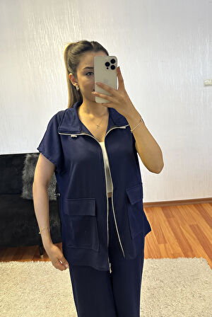 Mavi Bel Lastik Detaylı Yelekli Modal Takım