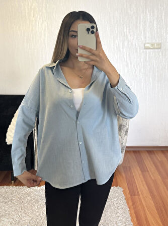 Keten Oversize Gömlek Bebe Mavisi