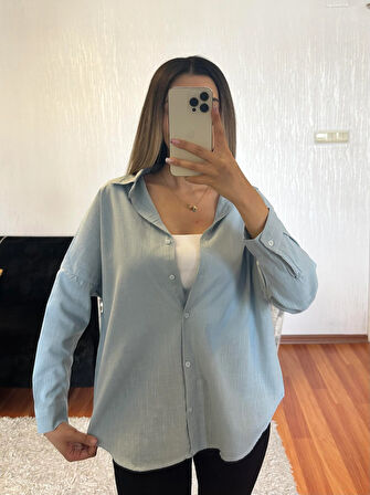 Keten Oversize Gömlek Bebe Mavisi