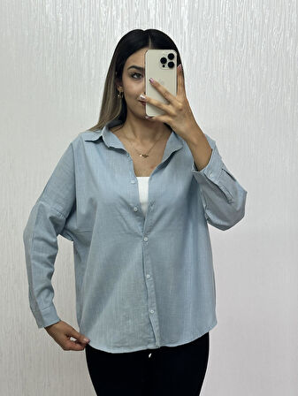 Keten Oversize Gömlek Bebe Mavisi
