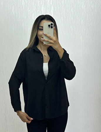 Keten Oversize Gömlek Siyah
