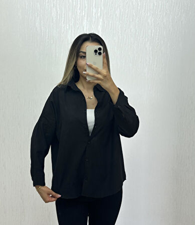 Keten Oversize Gömlek Siyah