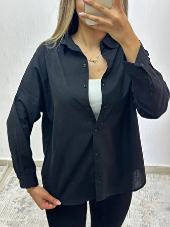 Keten Oversize Gömlek Siyah
