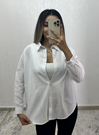 Keten Oversize Gömlek Beyaz