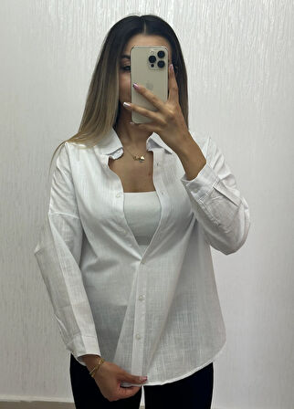 Keten Oversize Gömlek Beyaz