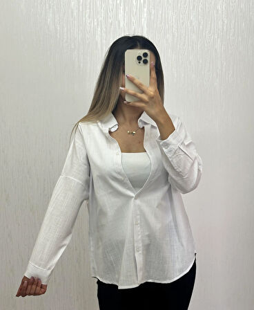 Keten Oversize Gömlek Beyaz