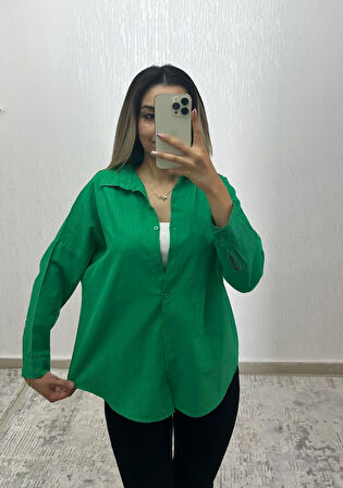 Keten Oversize Gömlek Yeşil