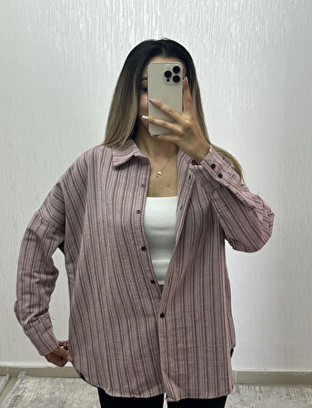 Keten Oversize Gömlek Bordo Çizgili