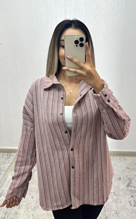 Keten Oversize Gömlek Bordo Çizgili