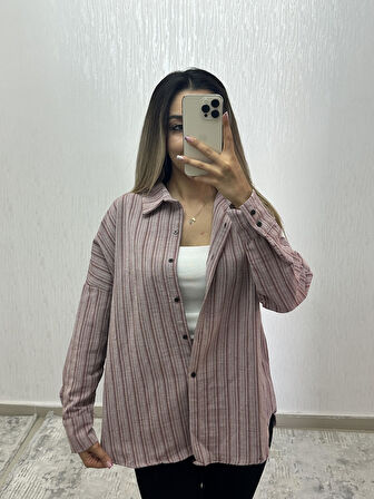 Keten Oversize Gömlek Bordo Çizgili