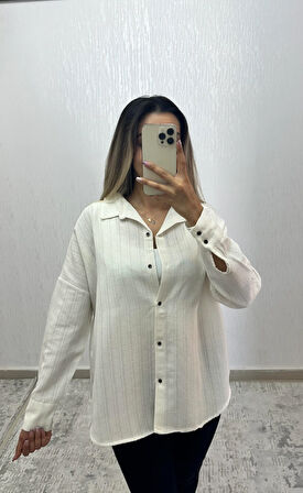Keten Oversize Gömlek Krem Çizgili