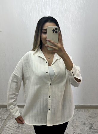 Keten Oversize Gömlek Krem Çizgili