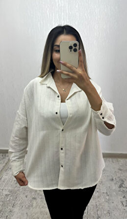 Keten Oversize Gömlek Krem Çizgili
