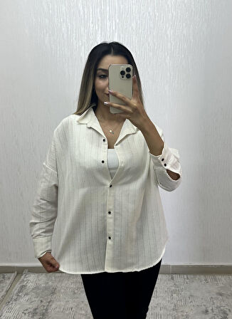 Keten Oversize Gömlek Krem Çizgili