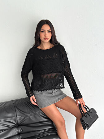 KADIN SİYAH MİNİK PONPONLU AJURLU MEVSİMLİK PAMUK TRİKO BLUZ