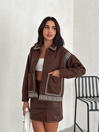 KADIN KAHVERENGİ DESENLİ BÜYÜK CEP DETAYLI CEKET