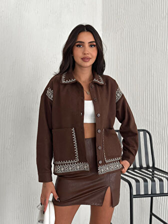 KADIN KAHVERENGİ DESENLİ BÜYÜK CEP DETAYLI CEKET