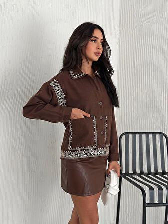 KADIN KAHVERENGİ DESENLİ BÜYÜK CEP DETAYLI CEKET