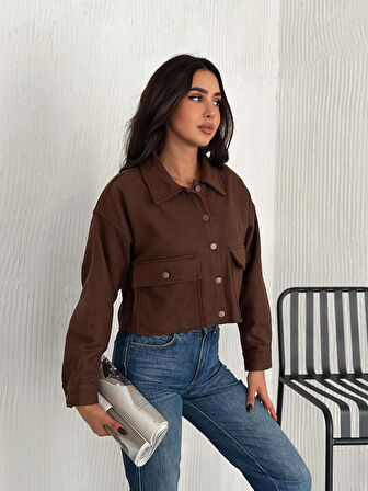 KADIN KAHVERENGİ CEP DETAYLI YAKALI CEKET / GÖMLEK