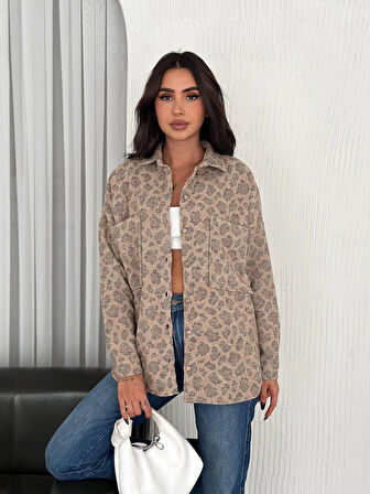 KADIN KREM LEOPAR DESENLİ GÖMLEK