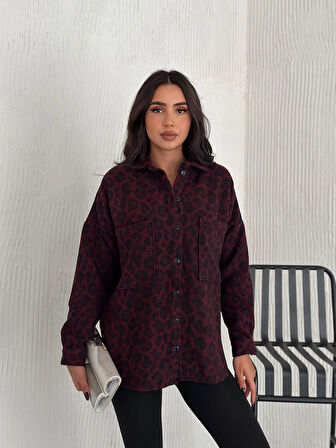 KADIN BORDO LEOPAR DESENLİ GÖMLEK
