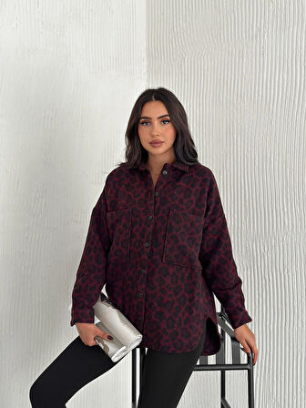 KADIN BORDO LEOPAR DESENLİ GÖMLEK