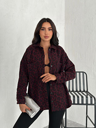 KADIN BORDO LEOPAR DESENLİ GÖMLEK