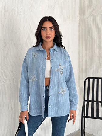 KADIN MAVİ YILDIZ İÇİ BONCUK VE TAŞ İŞLEMELİ KAŞE CEKET GÖMLEK