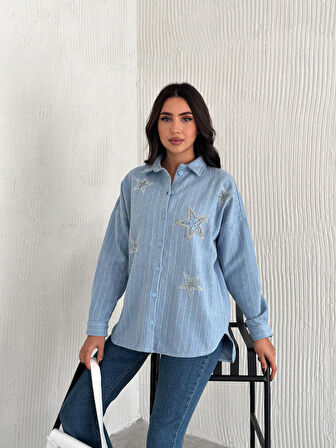 KADIN MAVİ YILDIZ İÇİ BONCUK VE TAŞ İŞLEMELİ KAŞE CEKET GÖMLEK