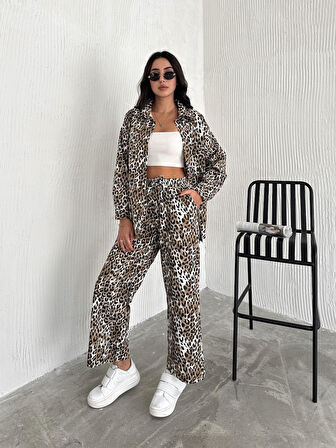 KADIN CAMEL LEOPAR GABARDİN KUMAŞ PANTOLON GÖMLEK 2'Lİ TAKIM 