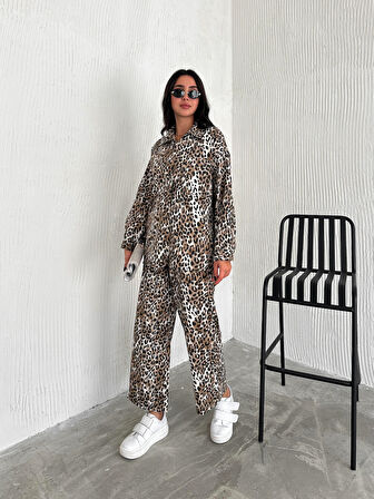KADIN CAMEL LEOPAR GABARDİN KUMAŞ PANTOLON GÖMLEK 2'Lİ TAKIM 