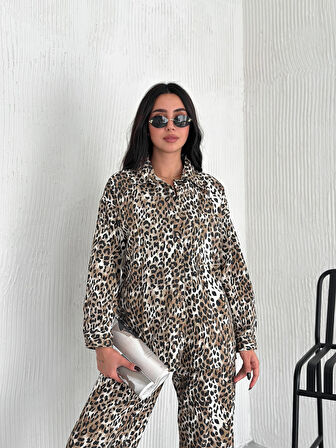 KADIN CAMEL LEOPAR GABARDİN KUMAŞ PANTOLON GÖMLEK 2'Lİ TAKIM 