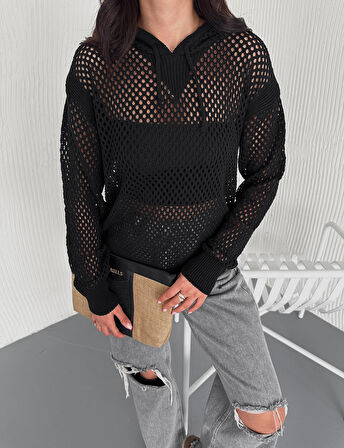 KADIN SİYAH KAPÜŞONLU BAĞCIKLI AJURLU TRİKO BLUZ