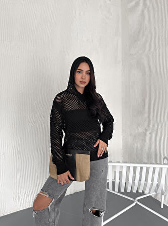 KADIN SİYAH KAPÜŞONLU BAĞCIKLI AJURLU TRİKO BLUZ