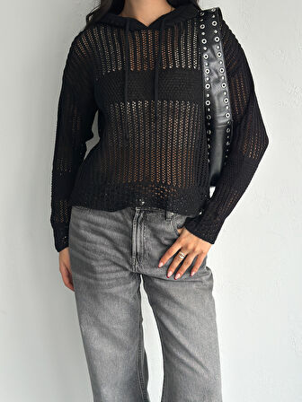KADIN SİYAH KAPÜŞONLU BAĞCIKLI AJURLU TRİKO BLUZ