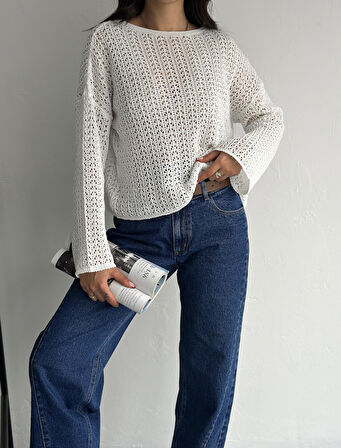 KADIN KREM AJURLU MEVSİMLİK TRİKO BLUZ