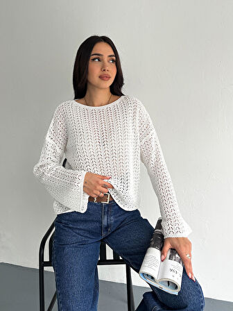 KADIN KREM AJURLU MEVSİMLİK TRİKO BLUZ