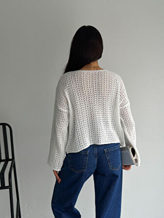 KADIN KREM AJURLU MEVSİMLİK TRİKO BLUZ