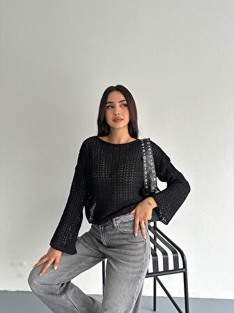 KADIN SİYAH AJURLU MEVSİMLİK TRİKO BLUZ